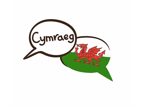 cymraeg in a text bubble with the welsh flag